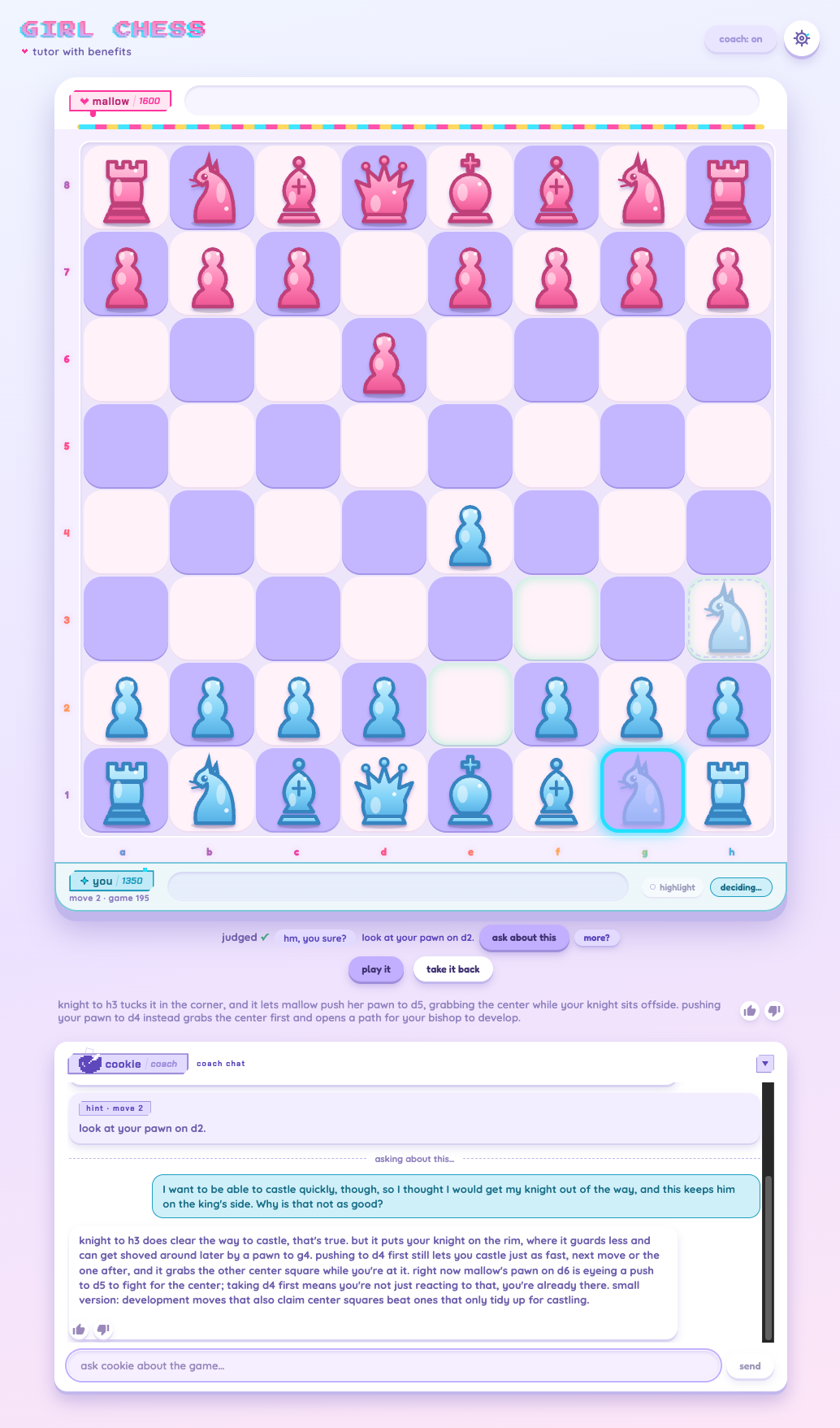 Move 2 of game 195: a knight ghosted on h3 awaiting confirmation, the judge's hint with "ask about this" and "more?", the coach's note under the board, and the coach chat with the hint pinned and a follow-up answered