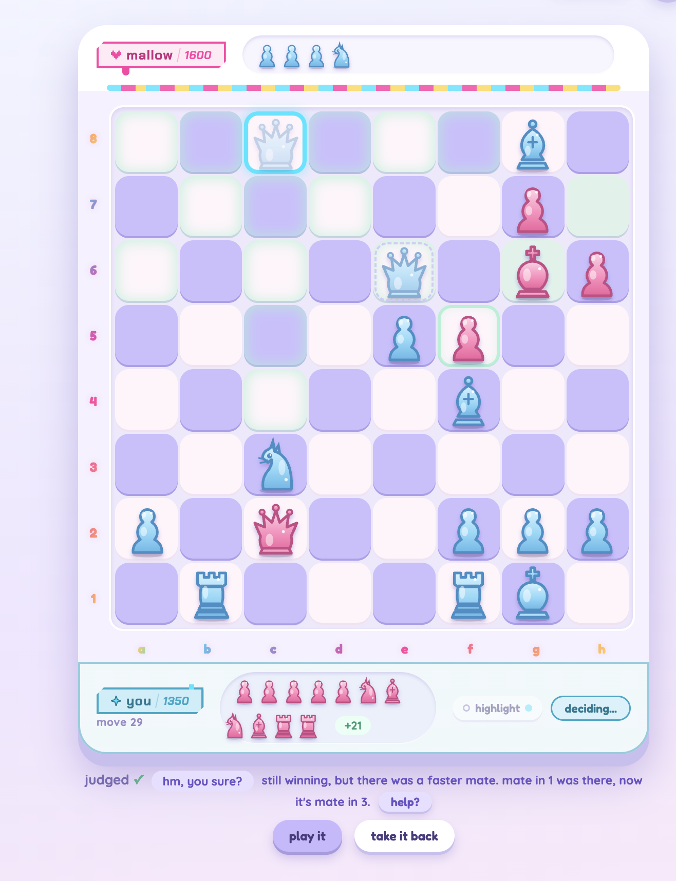 Move 29, 21 points up: the pending move judged "hm, you sure? still winning, but there was a faster mate. mate in 1 was there, now it's mate in 3."